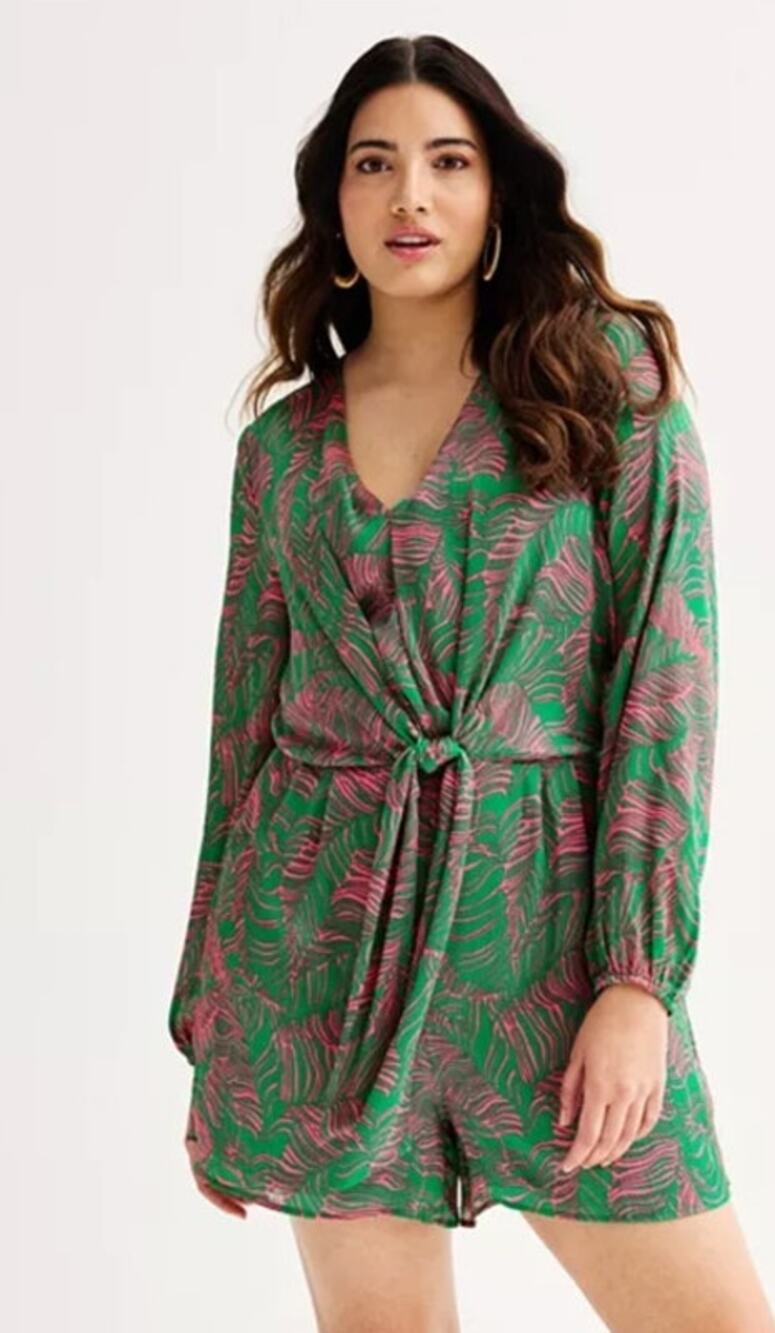 Womens Intempo Tie Front Pink and Green Leaf Print Romper Size Large